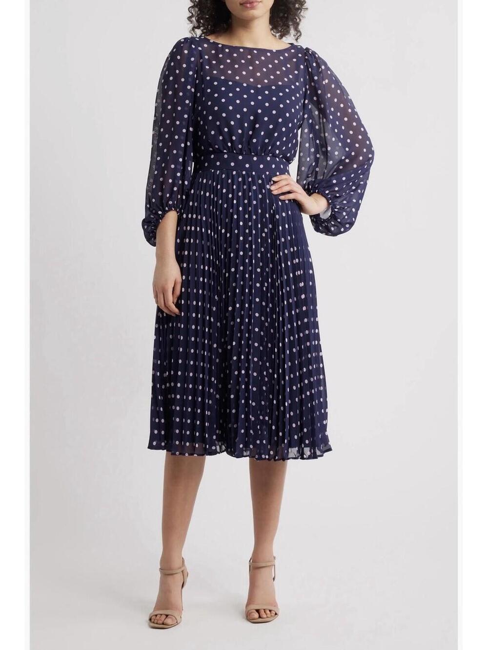 Eliza J Navy Blue Polka Dot Ilusión Neck Midi Dress, Size 6